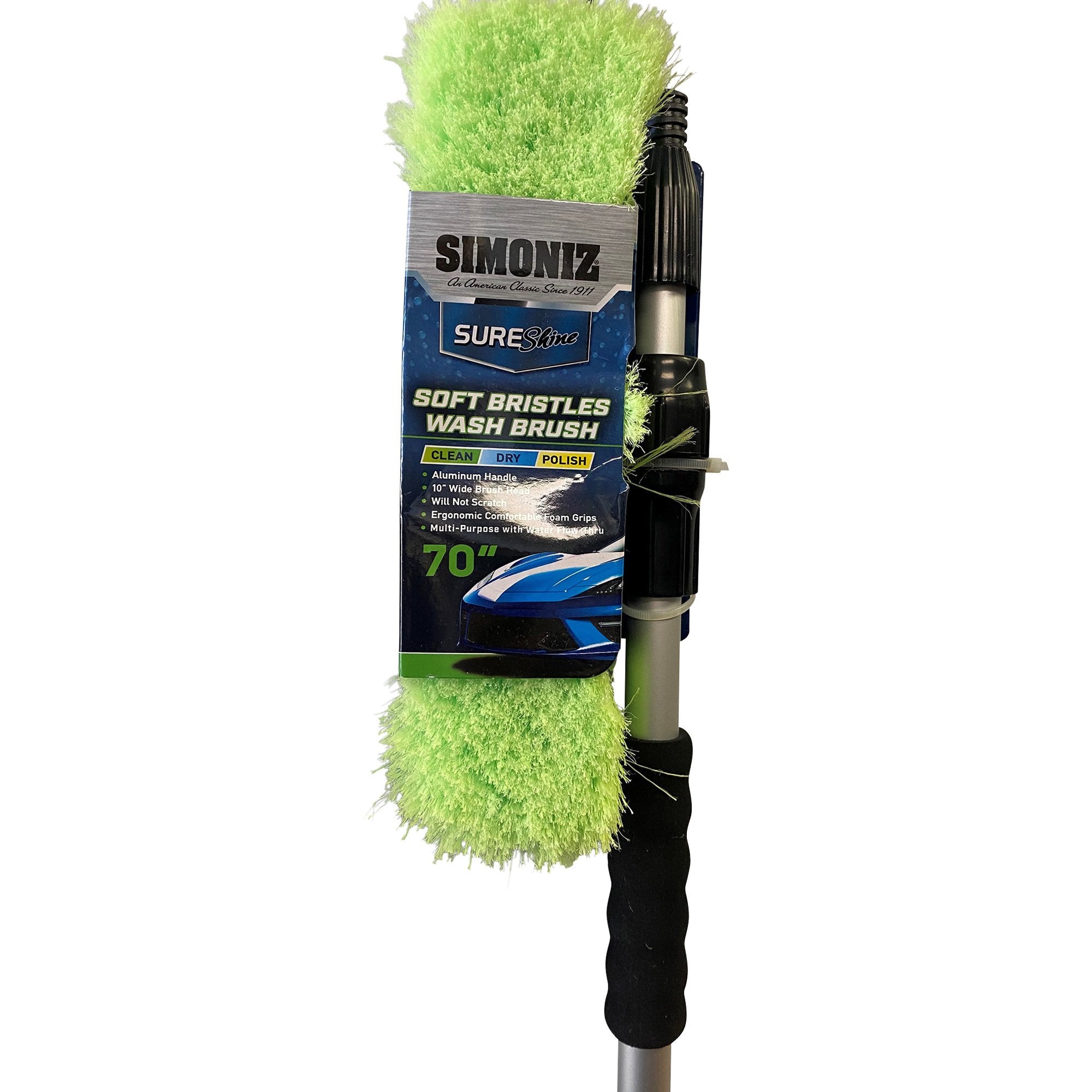 Simoniz Sure Shine Soft Bristle Wash Brosh — Vert, 10in.W Motó na Extension ya poignée na 70in. 