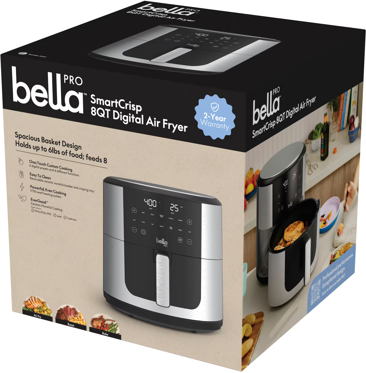 Bella PRO - 8-qt, oyo ezali na 8-qt. Friteuse à air numérique - Acier inoxydable