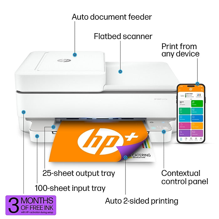 Imprimante jet d'encre couleur tout-en-un sans fil HP ENVY 6455e, scanner, copieur avec Instant Ink et HP+ - Blanc 