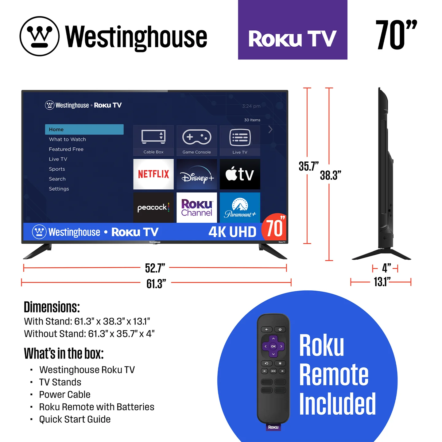 Westinghouse 70" 4K Ultra HD Smart Roku TV with HDR