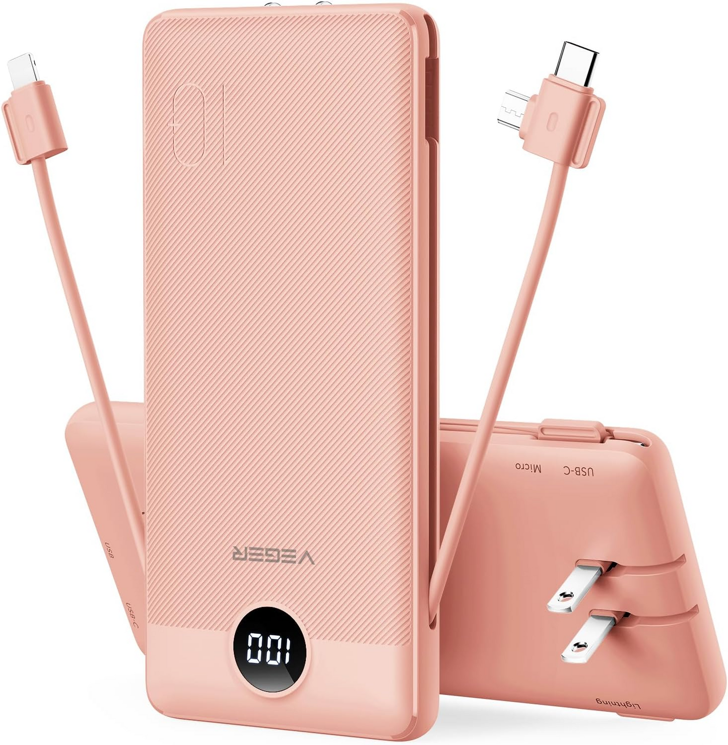 VEGER Portable Charger for iPhone Built in Cables and Wall Plug, 10000mah Slim Fast Charging USB C Power Bank, Travel Essential Battery Pack Compatible with iPhones, iPad, Samsung More Devices