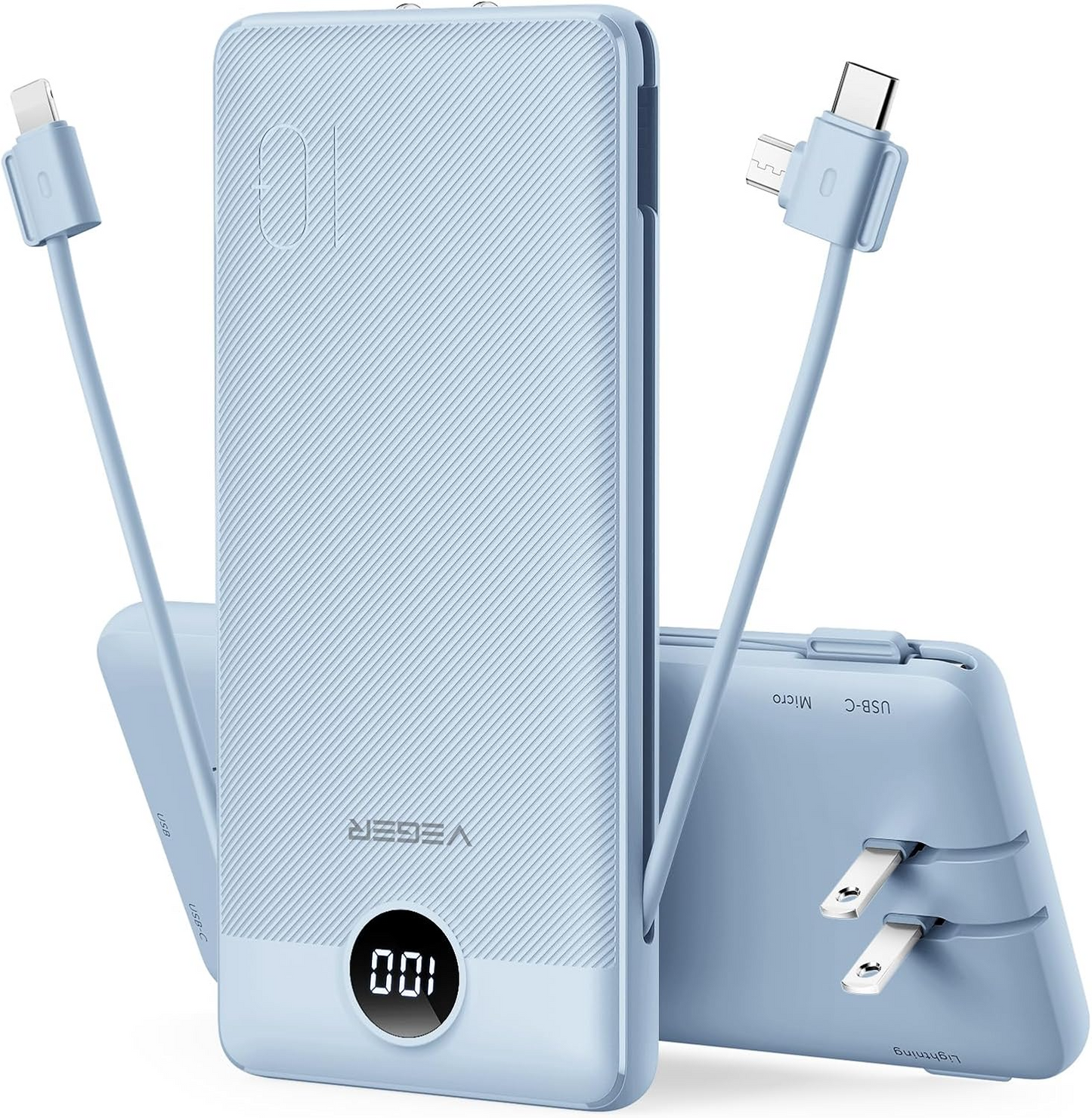 Chargeur portable VEGER pour iPhone avec câbles intégrés et prise murale, batterie externe USB C à chargement rapide mince de 10 000 mAh, pack de batterie essentiel de voyage compatible avec iPhone, iPad, Samsung et plus d'appareils