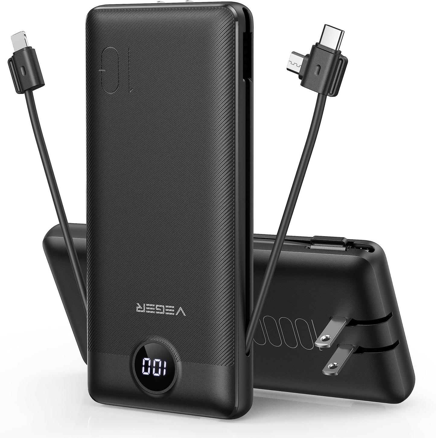 Chargeur portable VEGER pour iPhone avec câbles intégrés et prise murale, batterie externe USB C à chargement rapide mince de 10 000 mAh, pack de batterie essentiel de voyage compatible avec iPhone, iPad, Samsung et plus d'appareils